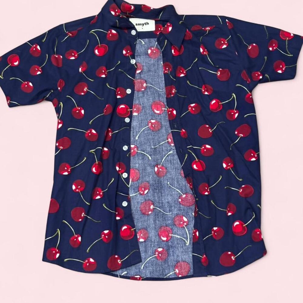 Navy and red cherry button down